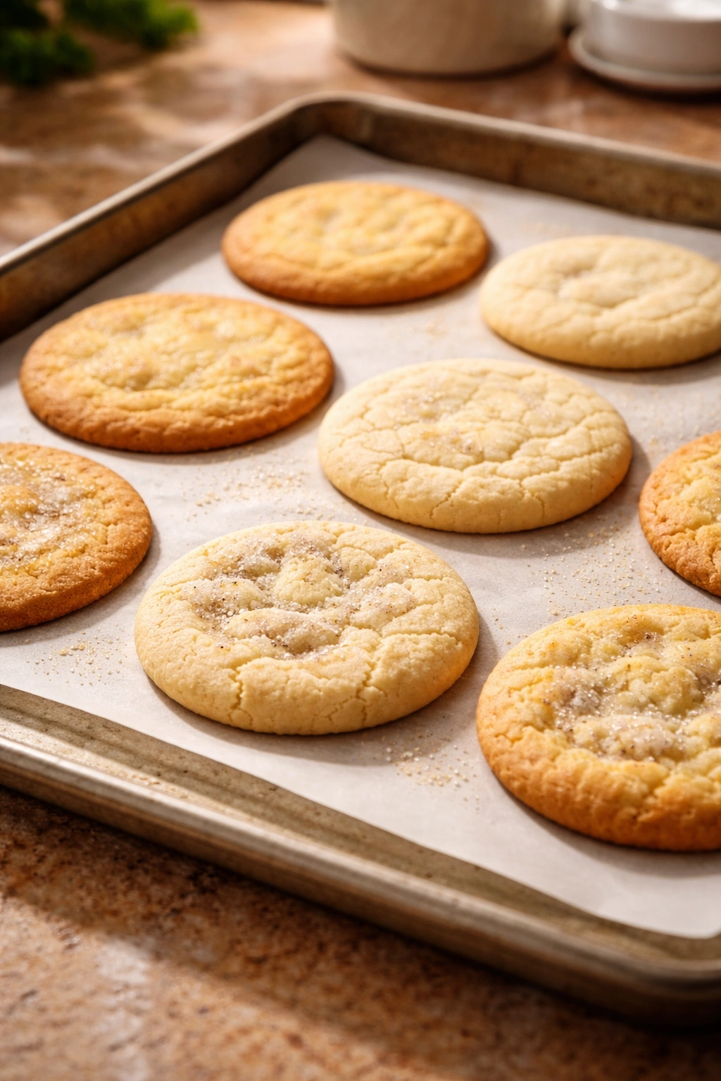 Close-up of varied-texture sugar cookies on parchment
