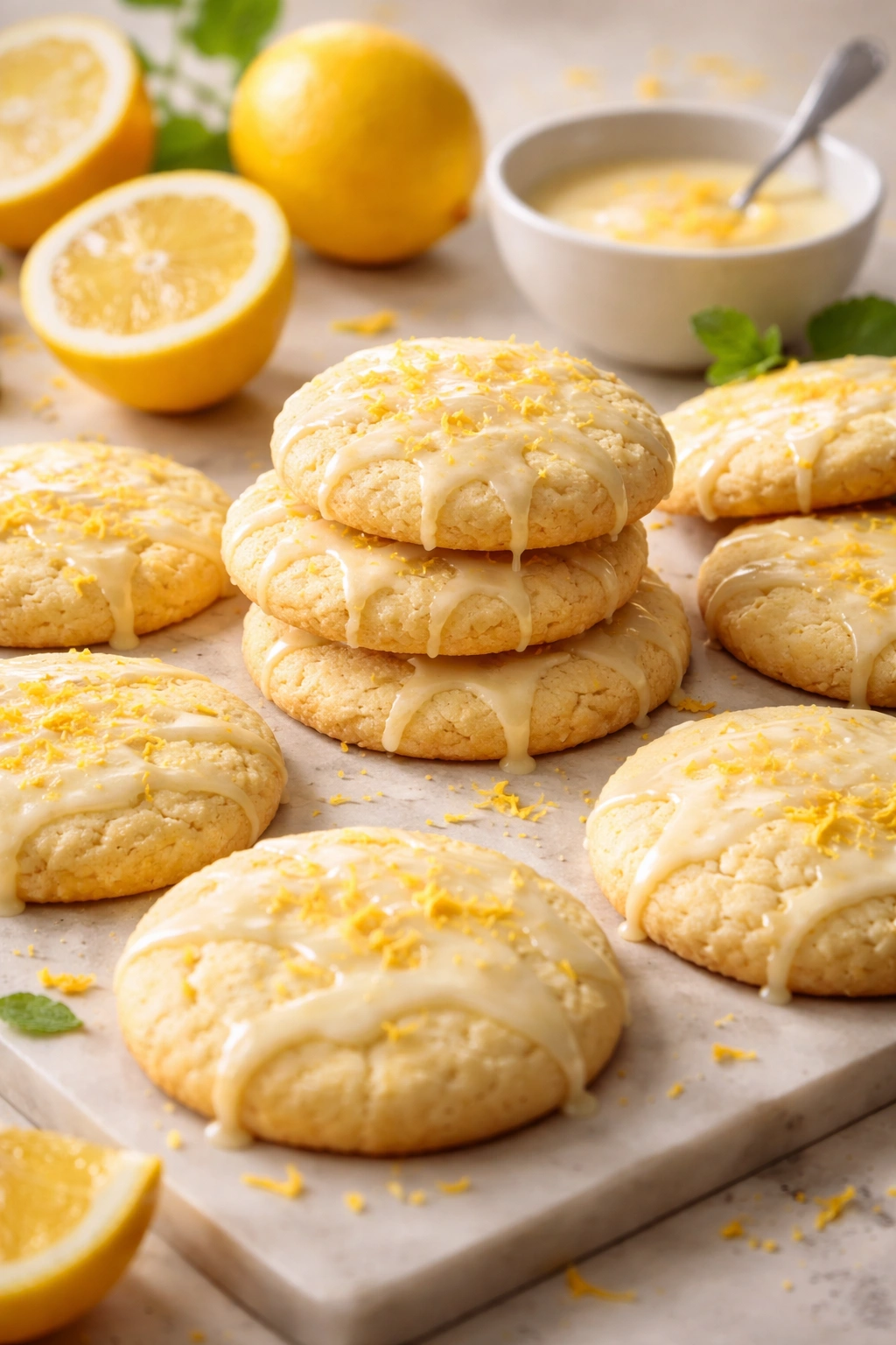 Bright lemon sugar cookies with visible zest on a neutral background