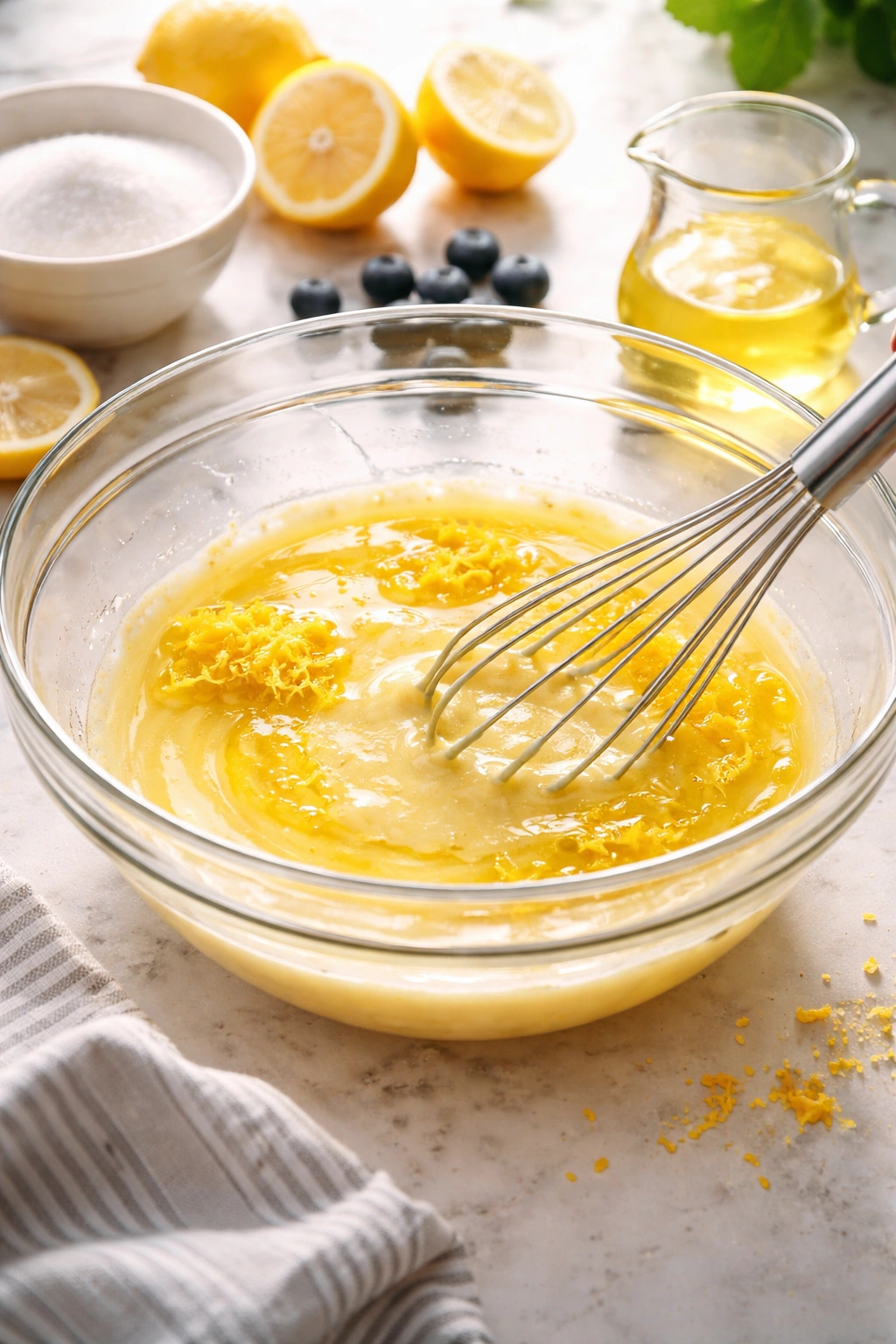 Sugar and eggs whisked together in a bowl with oil and lemon zest added