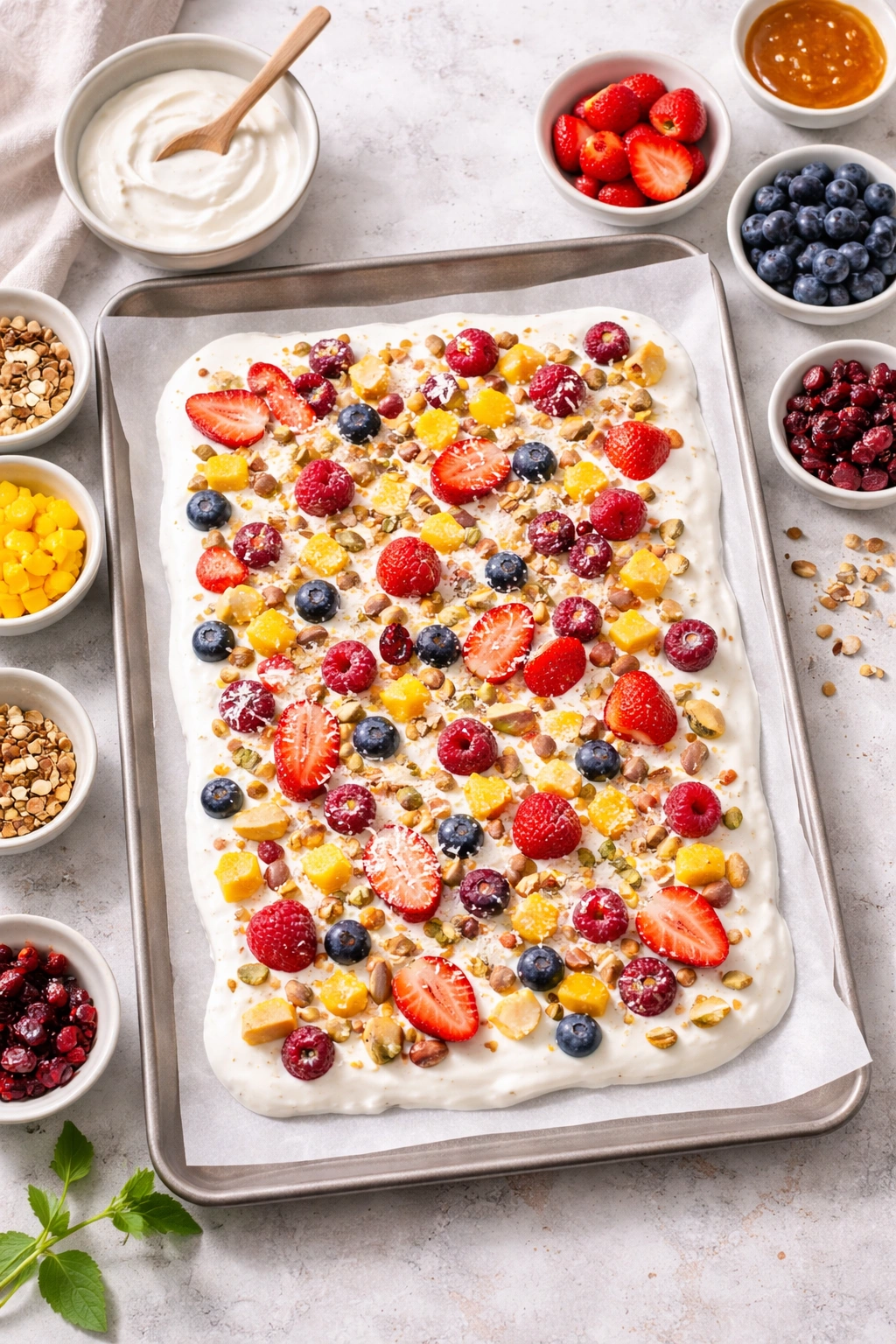 Unsweetened yogurt bark with dried fruit and berries on a neutral surface