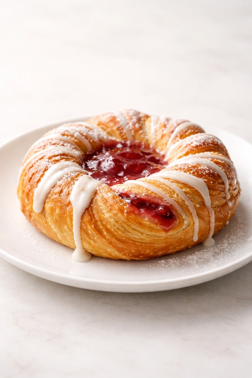 Single sugary pastry on a plain plate