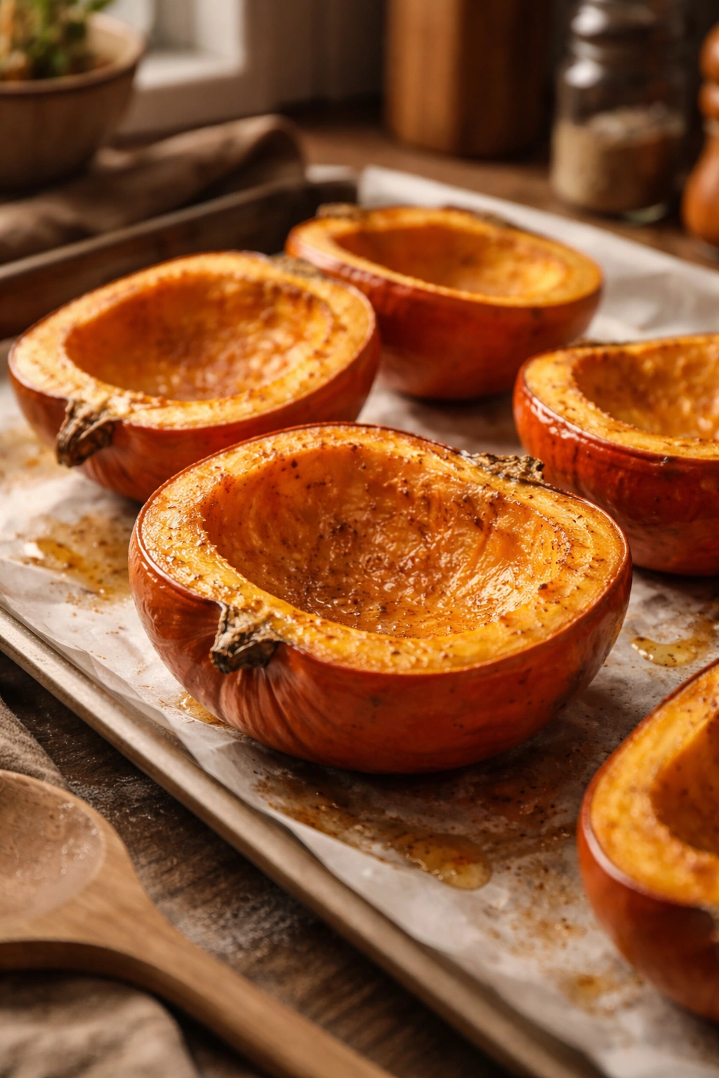 Sugar pumpkin halves on parchment on a baking sheet ready to roast