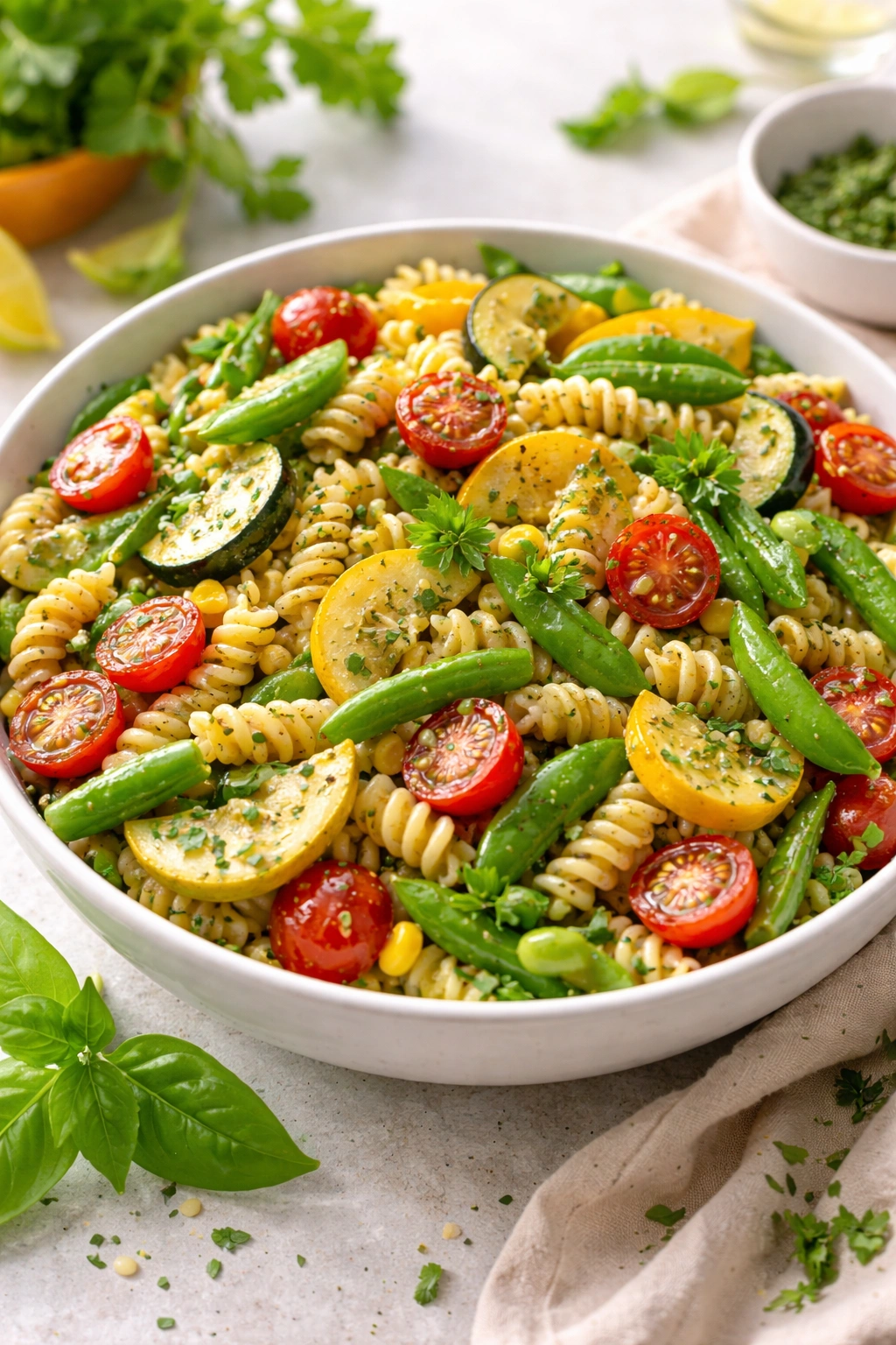 Colorful garden vegetable pasta salad with zucchini, corn, tomatoes, and beans.