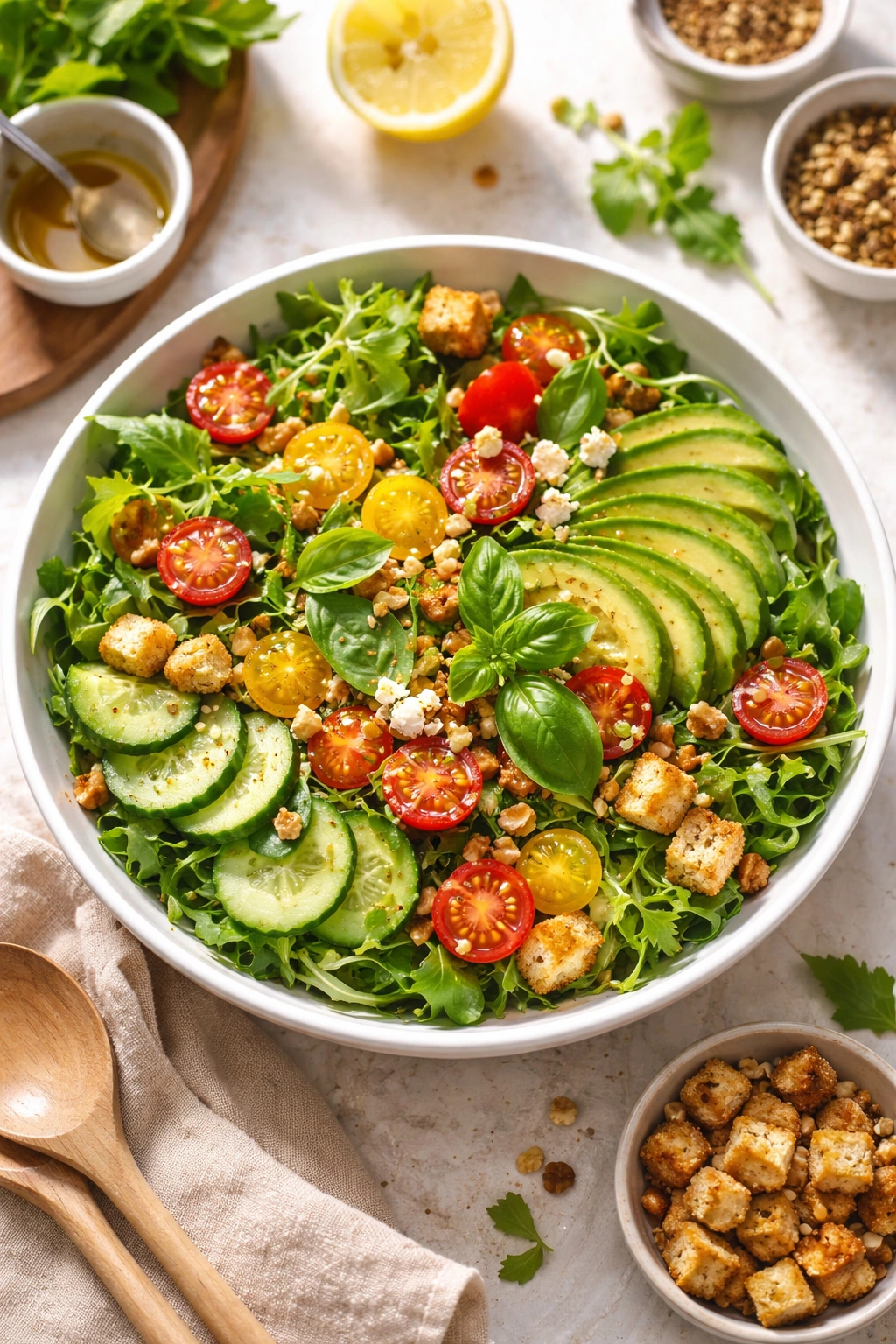 Close-up of a colorful mixed summer salad emphasizing texture balance with greens, tomatoes, avocado, and herbs