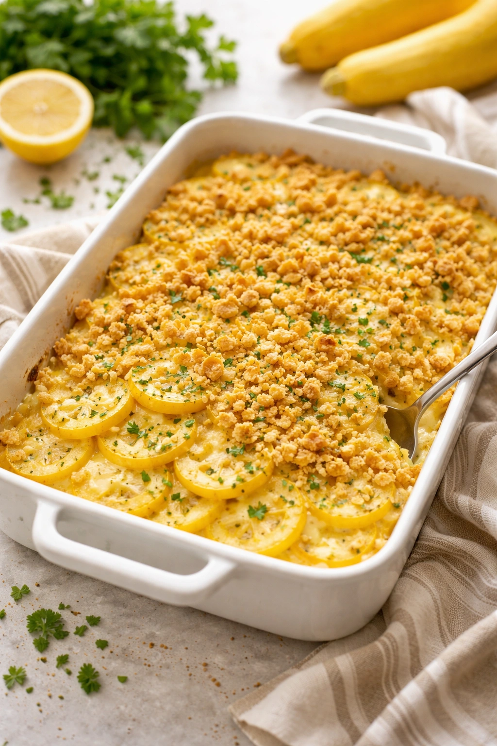 Yellow squash casserole with light cheese sauce and cracker topping in a baking dish