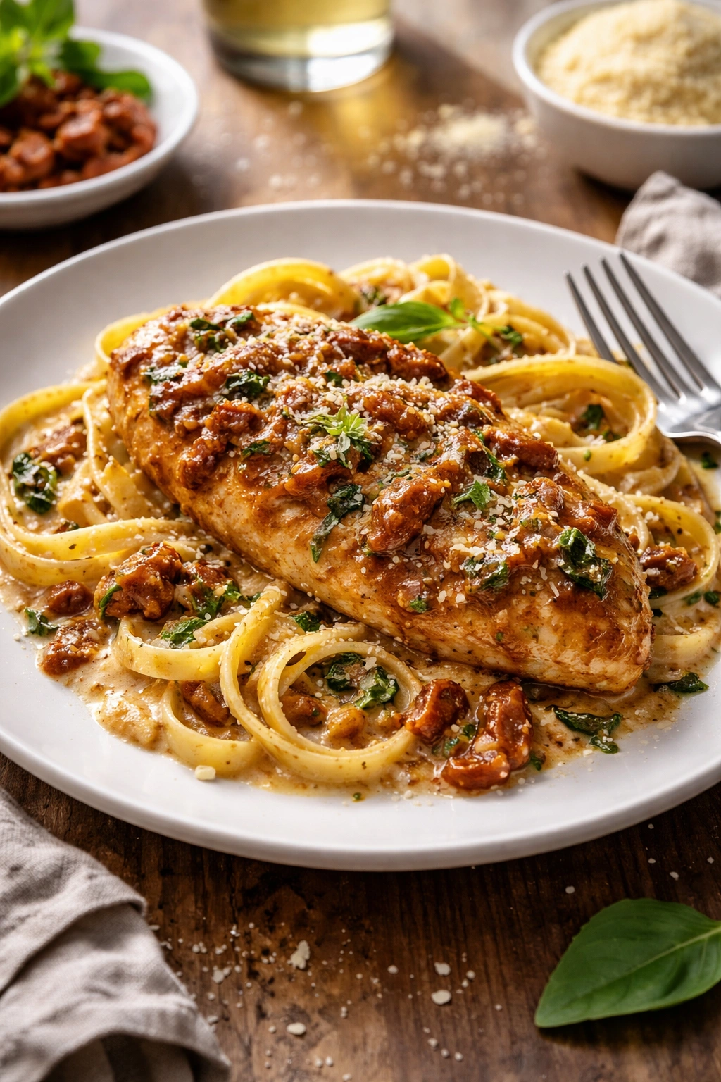 Plate of sun-dried tomato chicken with pasta