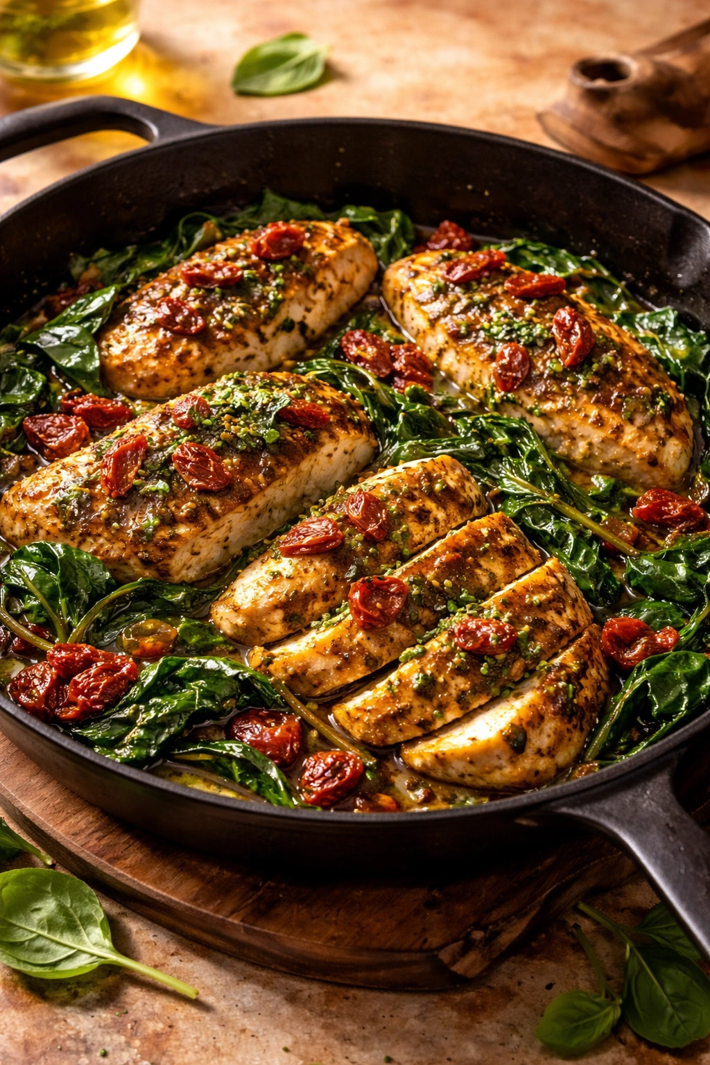 Sun-dried tomato pesto chicken with spinach in a skillet