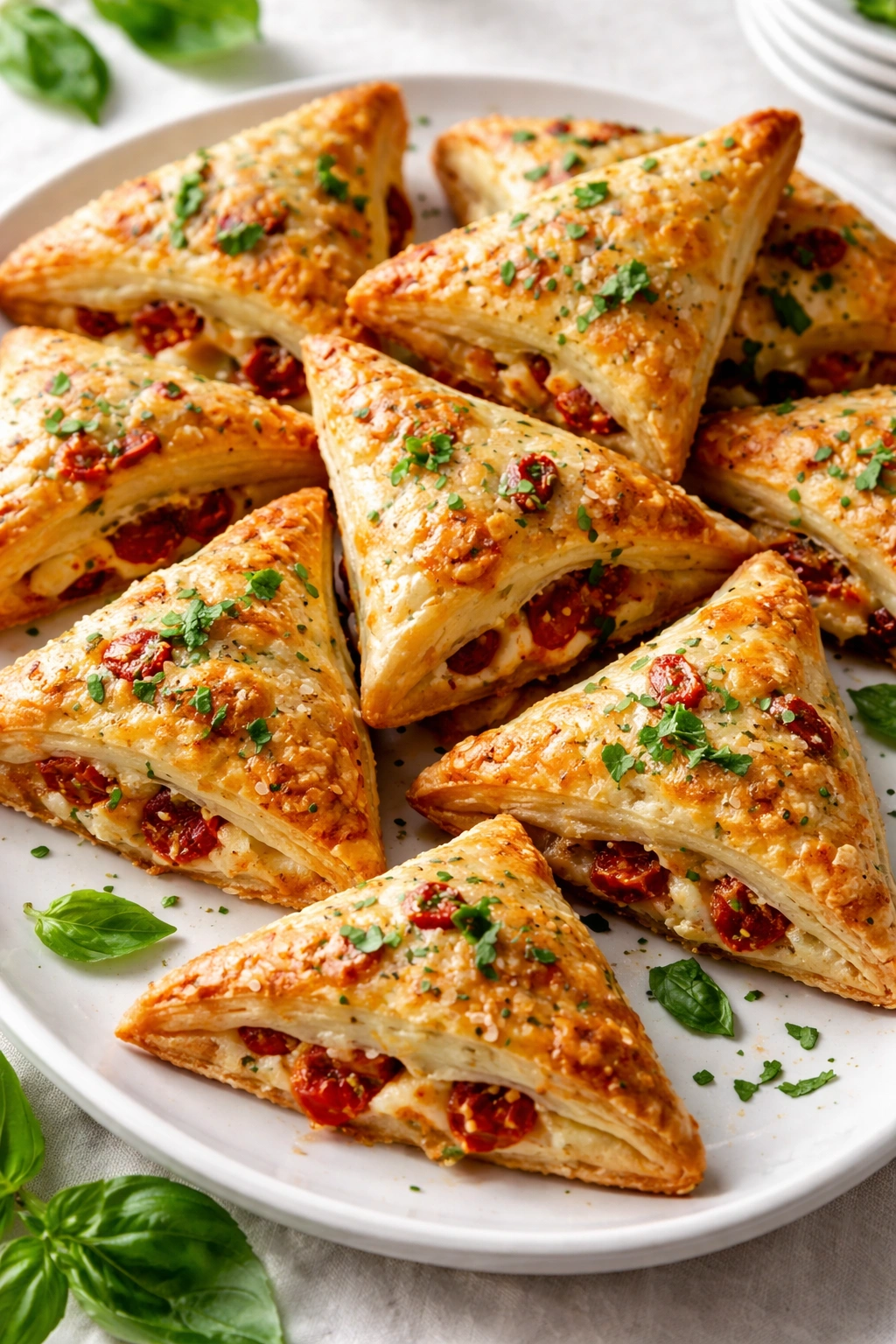 Close-up of sun-dried tomato and basil pastry triangles