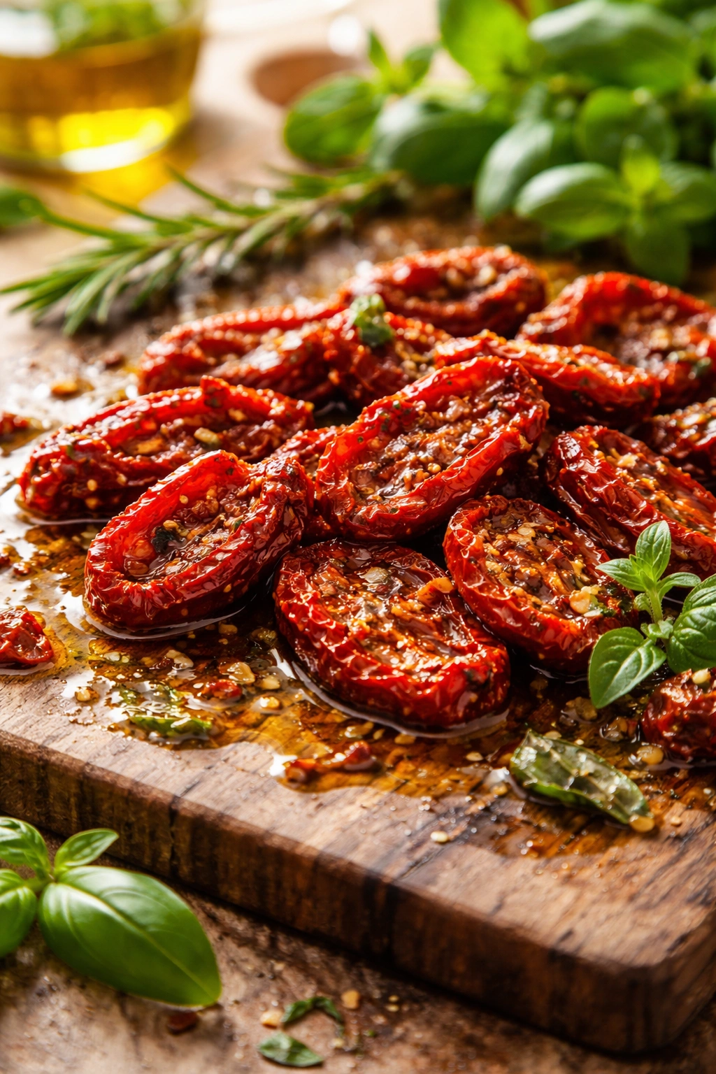 Glossy sun-dried tomatoes in oil on a wooden board