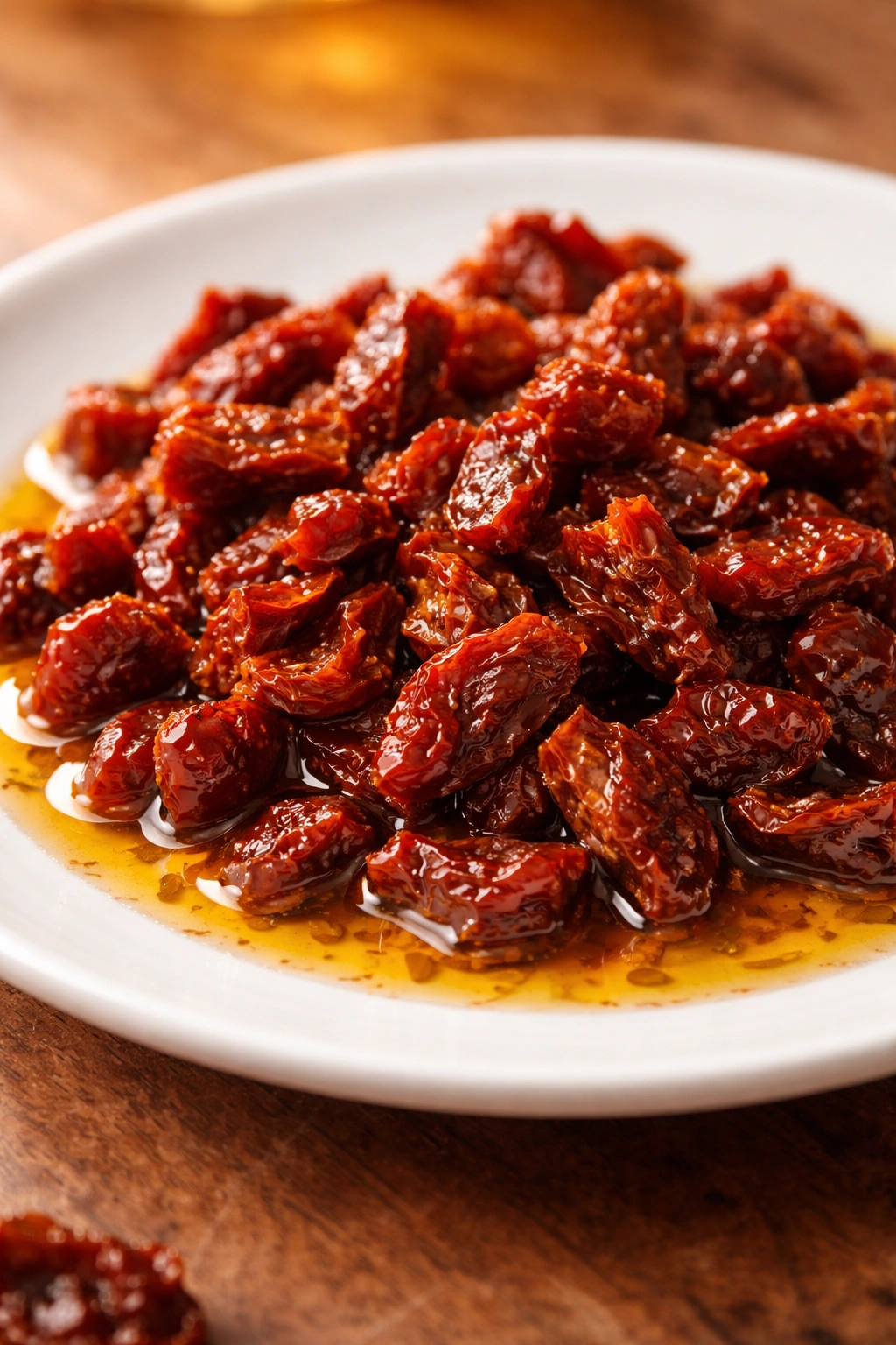 Close-up of sun-dried tomatoes in olive oil on a plate