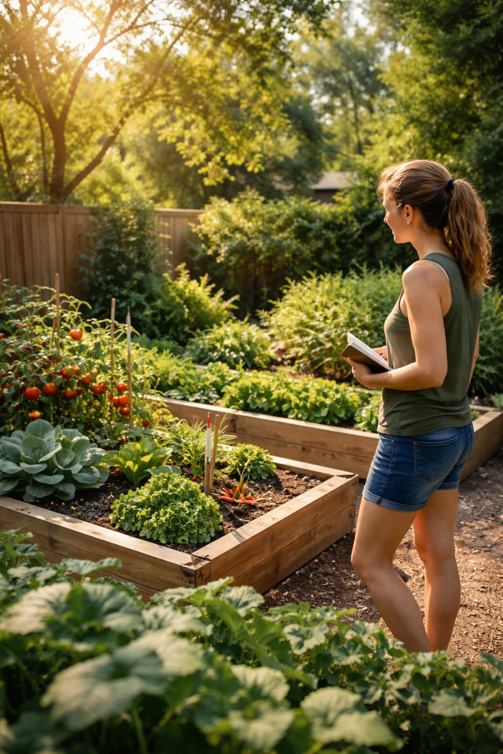 Person evaluating sun exposure in a garden with sun and shade