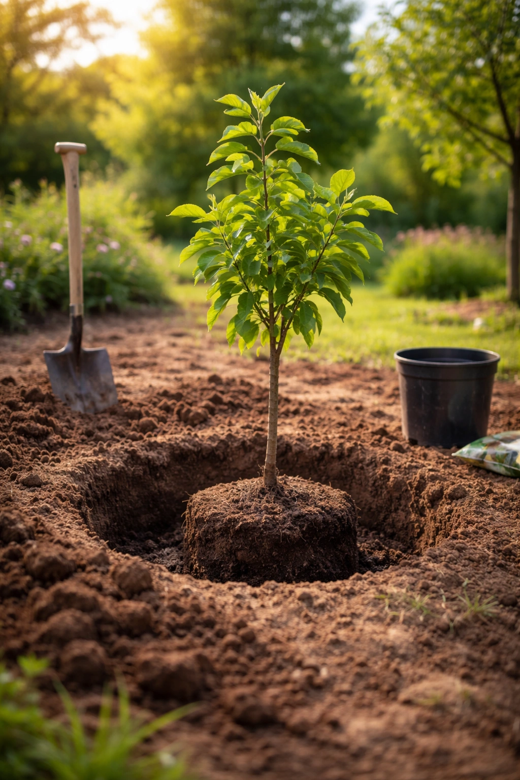 Young fruit tree just planted in a sunny garden bed, ready for establishment