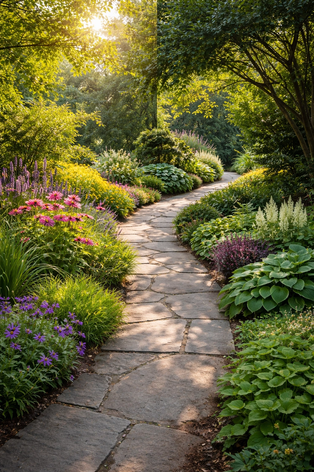 Walkway showing sun and shade zones to guide plant selection