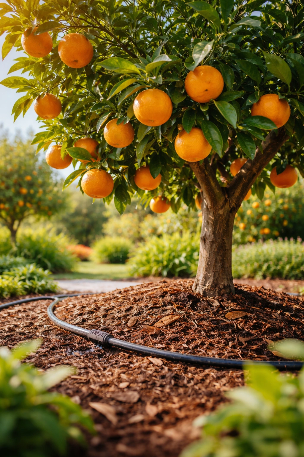 Sunlit orange tree thriving in rich soil with mulch