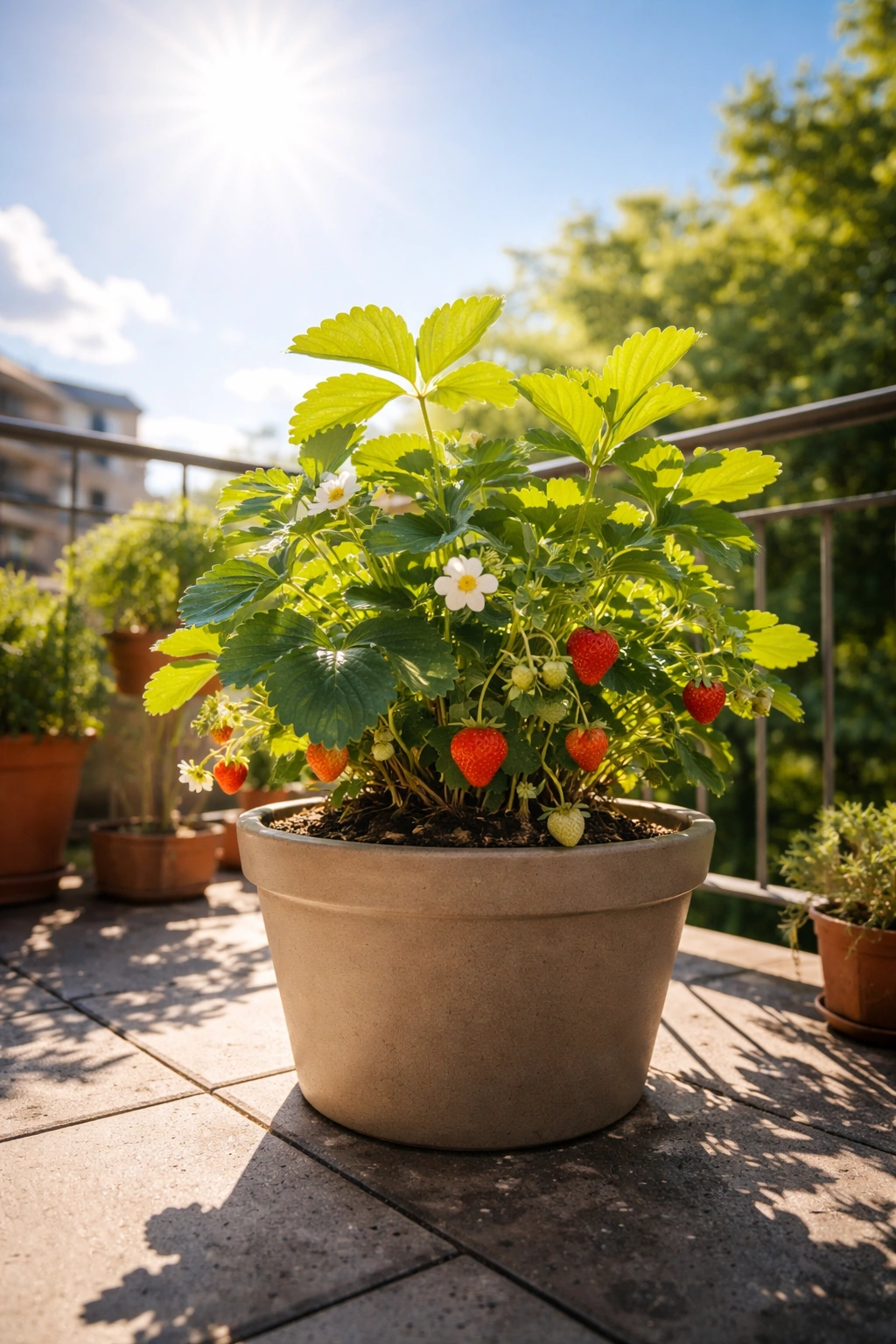 Fruit plant in a pot receiving direct sunlight on balcony
