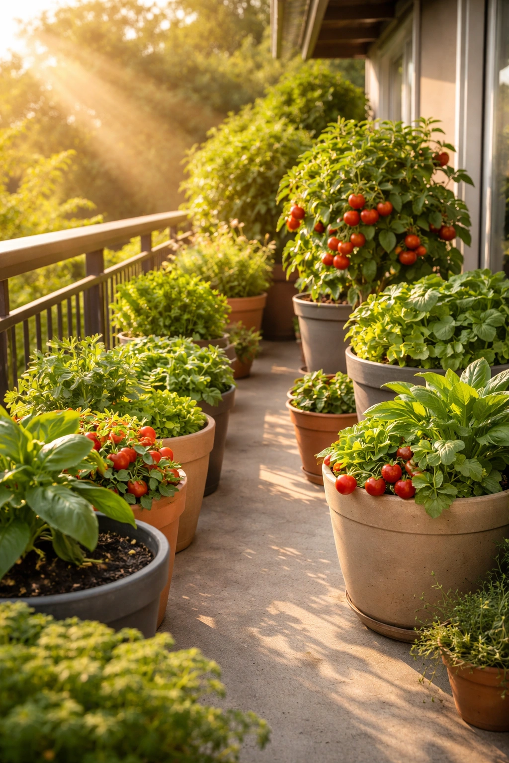 Row of sunlit pots positioned to receive full direct sunlight