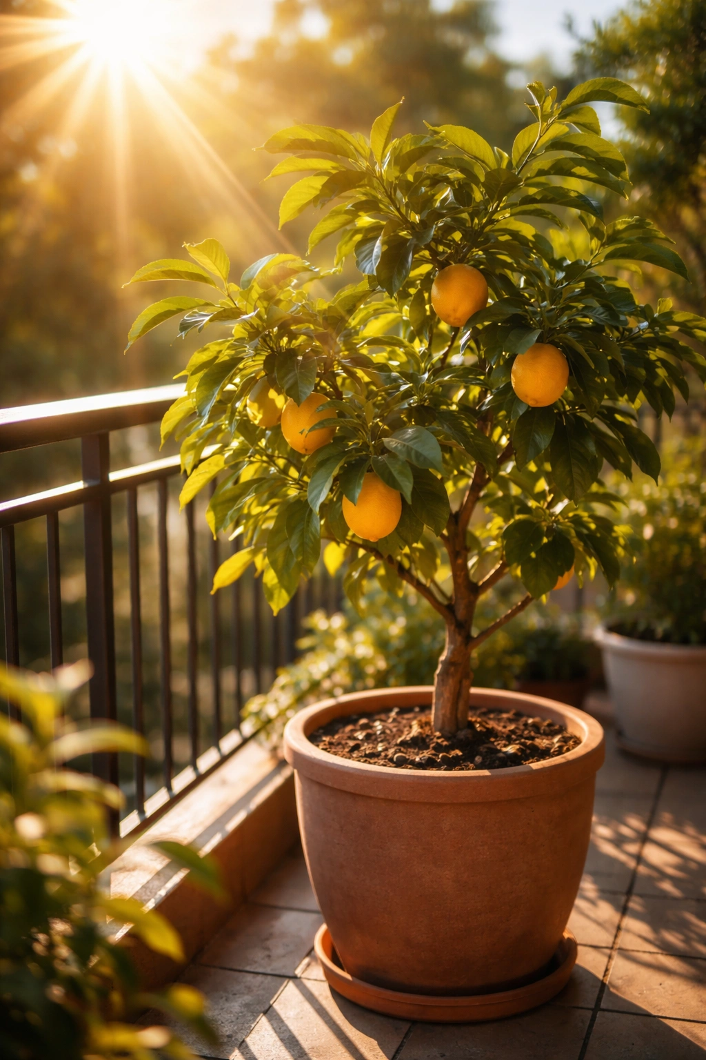 Potted fruit tree under direct sunlight on a balcony