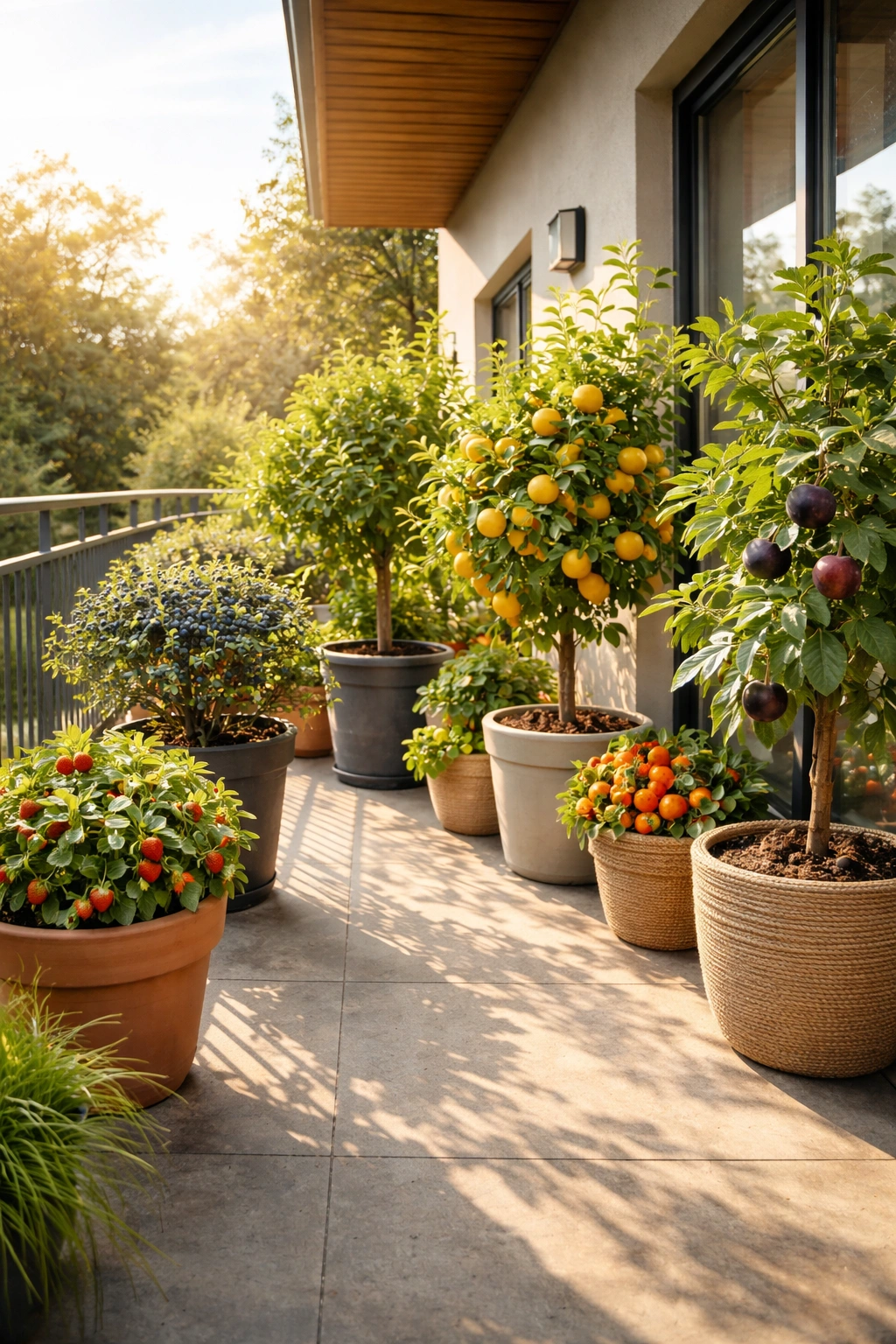 Row of sunlit fruit containers on a balcony maximizing sun exposure