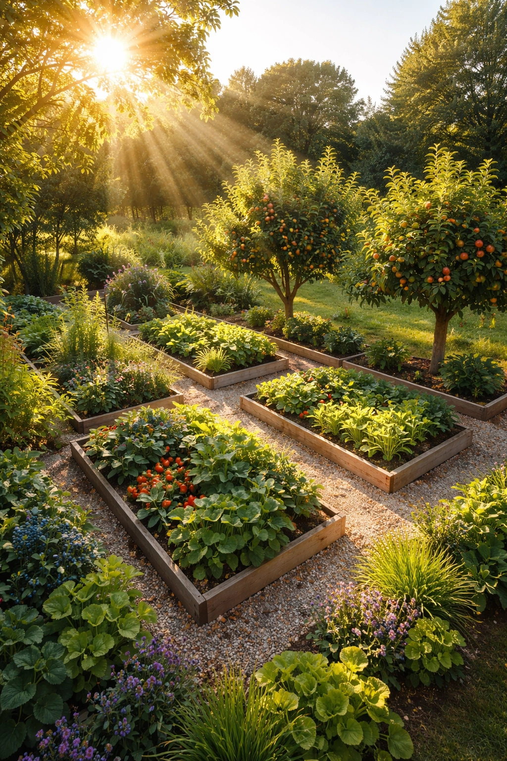 Garden beds arranged to optimize sun exposure with visible shadows and light patterns
