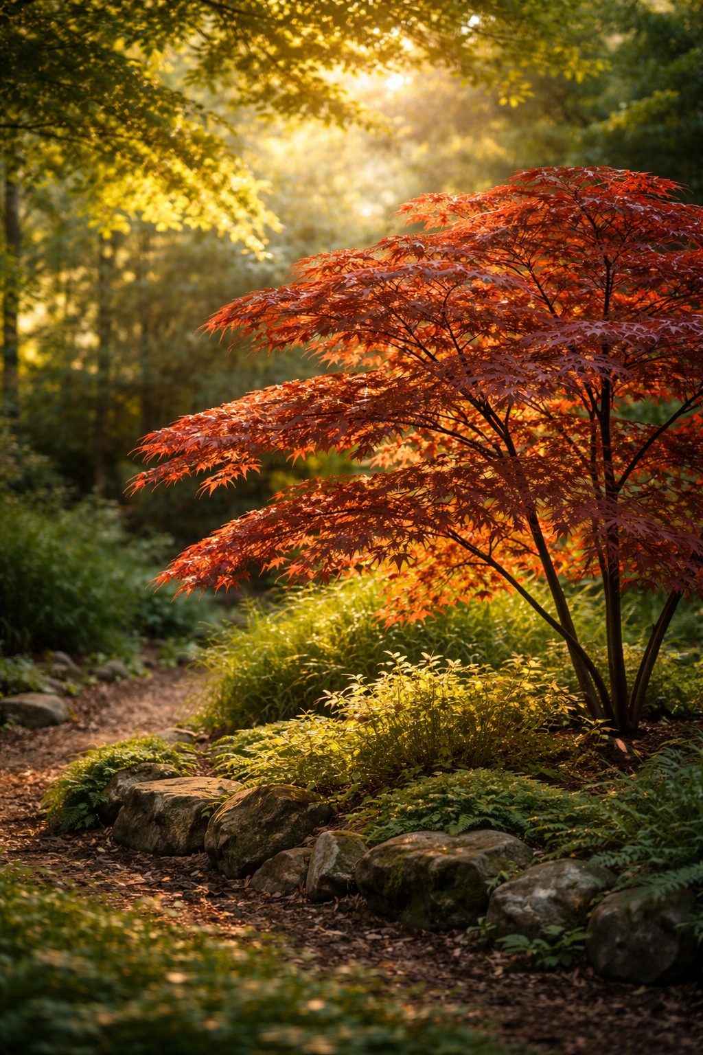 Japanese maple in partial shade with sun filtering through leaves