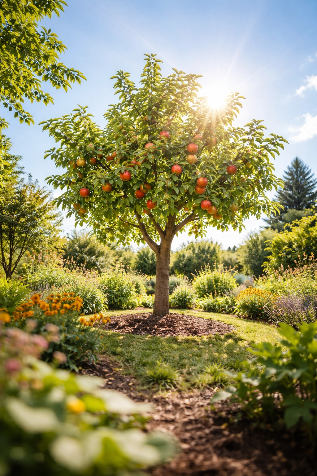 Single fruit tree in bright sunlight in an open garden with clear blue sky