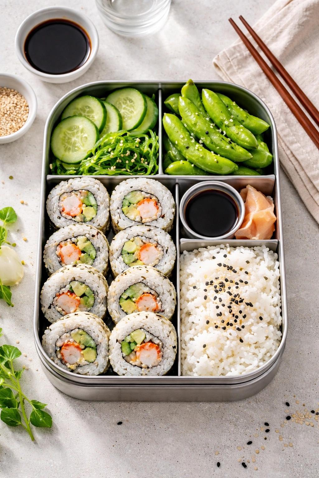 Top-down Sushi Roll and Edamame Bento with rolls, edamame, rice, and cucumber