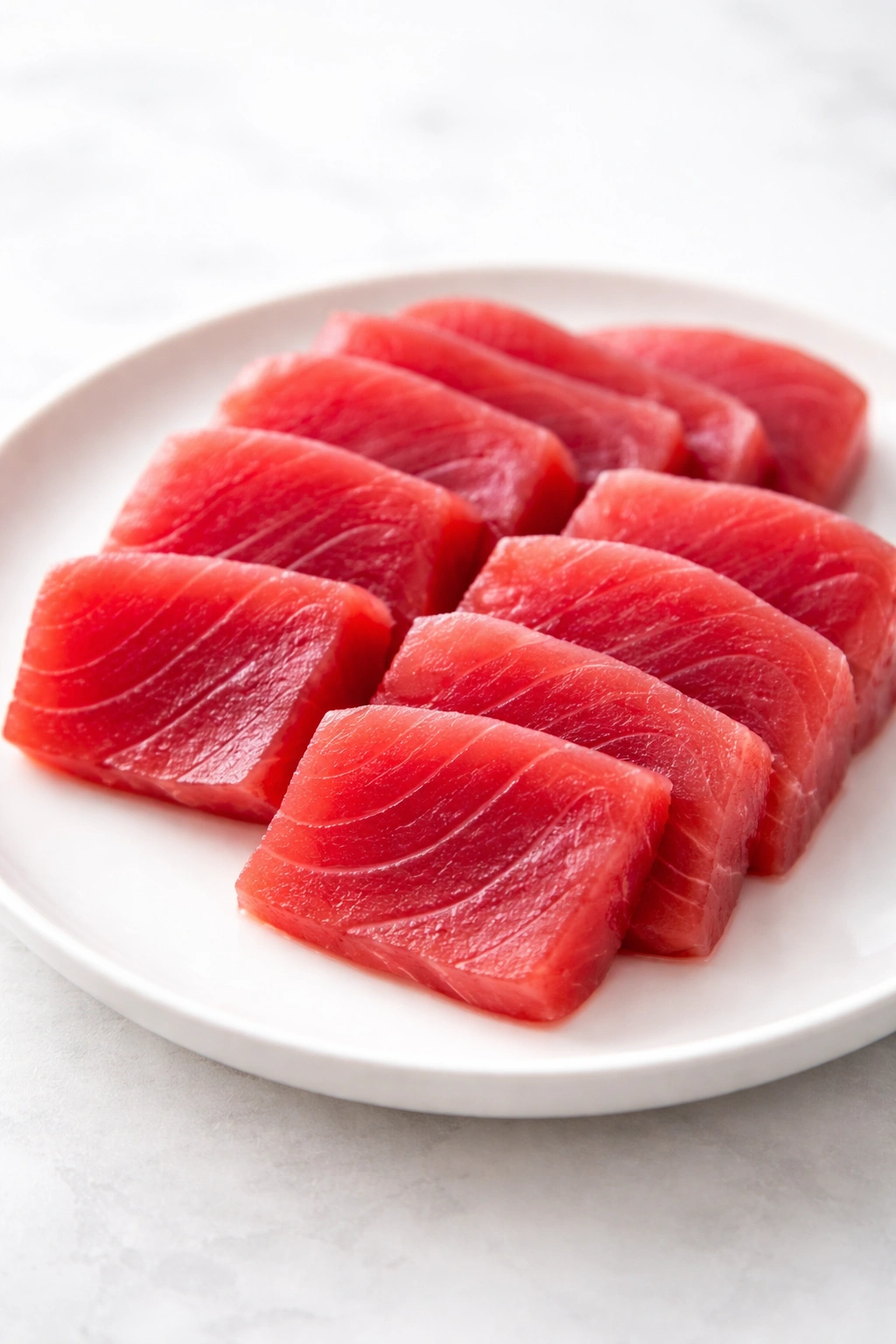 Ahi tuna slices on a white plate, bright and fresh