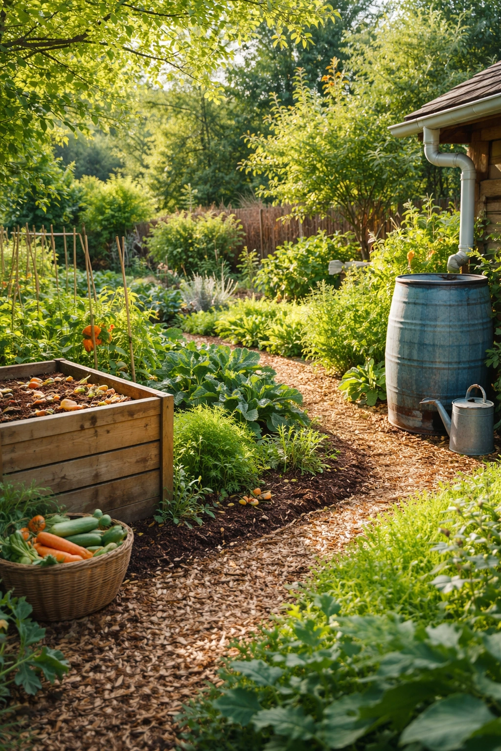 Sustainable gardening scene with compost, rainwater harvesting, and mulch.