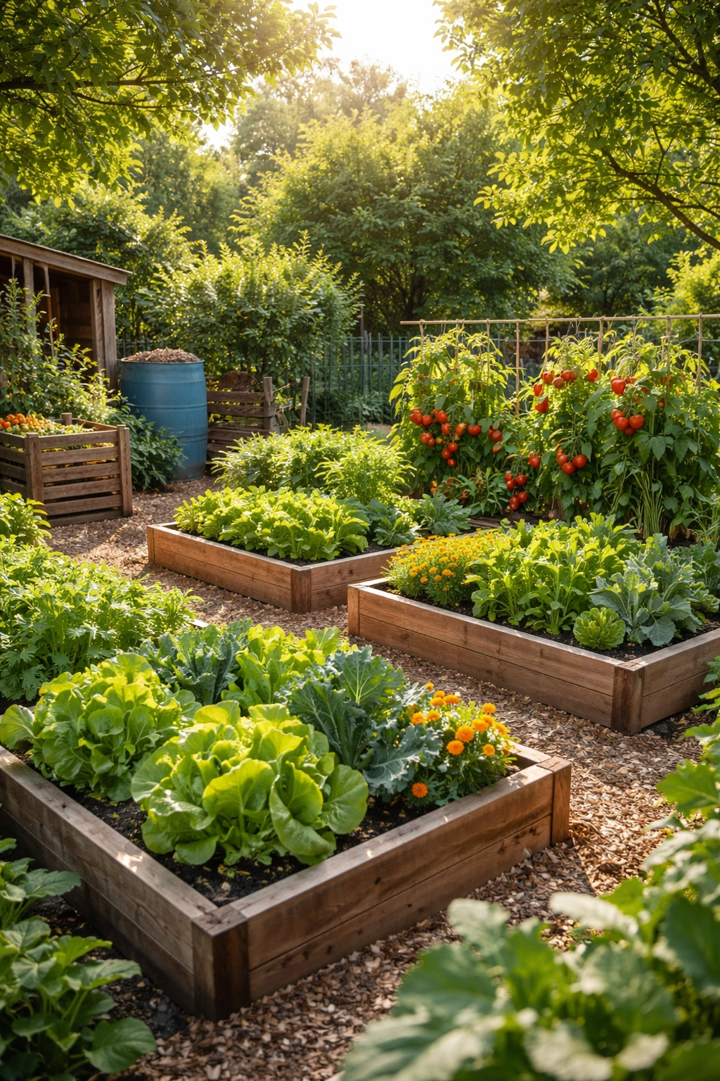 Backyard garden with raised beds and sustainability features like rain barrel and compost bin