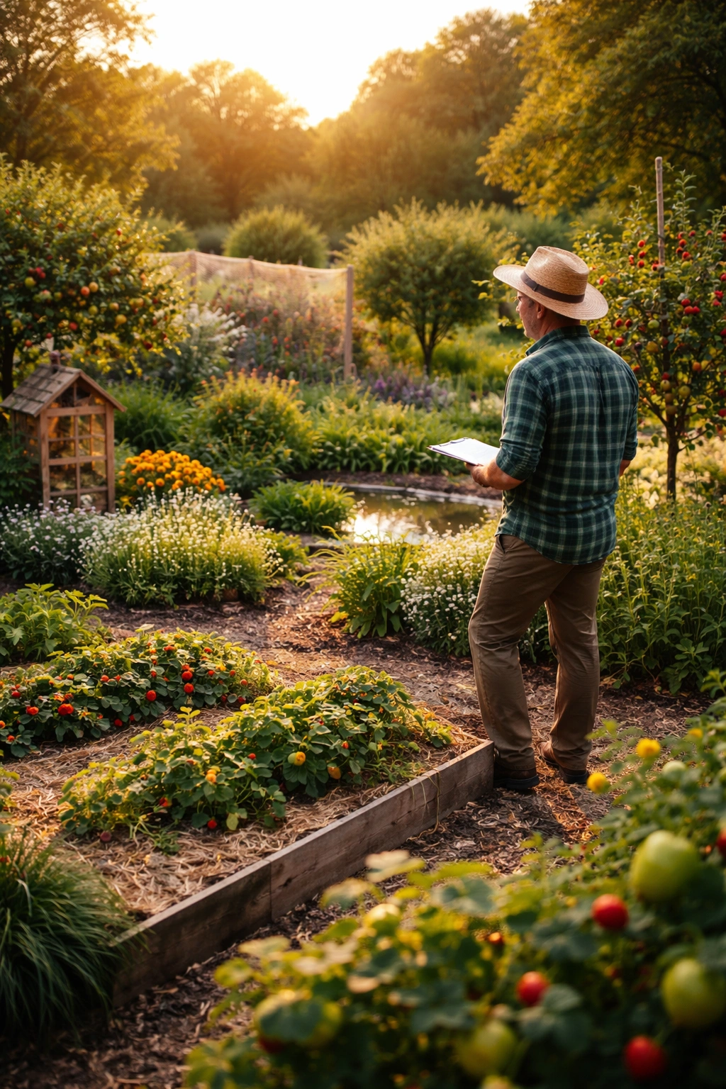 Gardener evaluating a sustainable long-term protection plan in a fruit garden