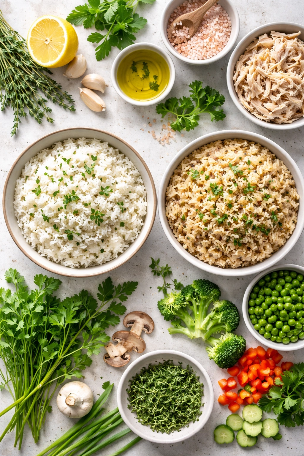 Two bowls of white and brown rice with herbs, illustrating swaps