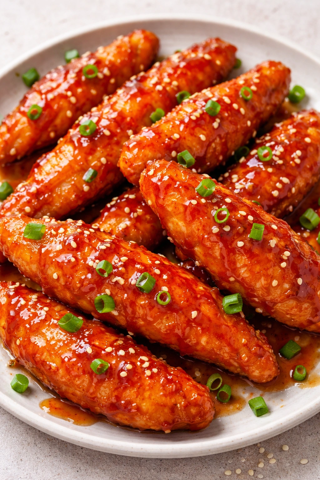 Sweet and sour glazed chicken tenders on neutral surface