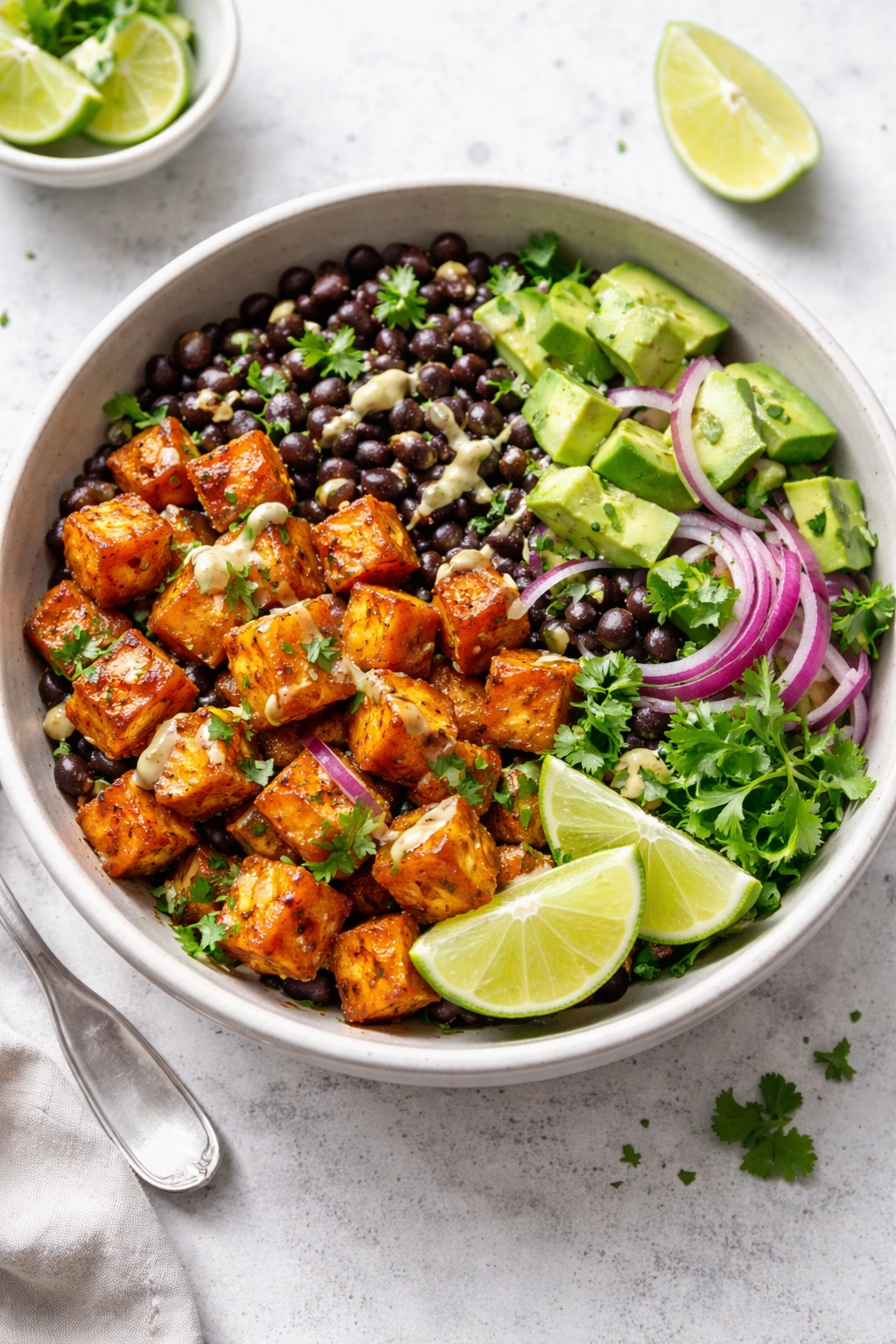 Colorful bowl with roasted sweet potatoes, black beans, and red onion