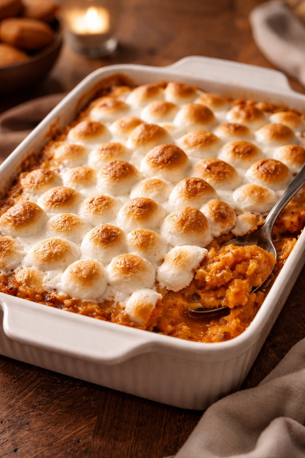 Sweet potato casserole with toasted marshmallows in a baking dish