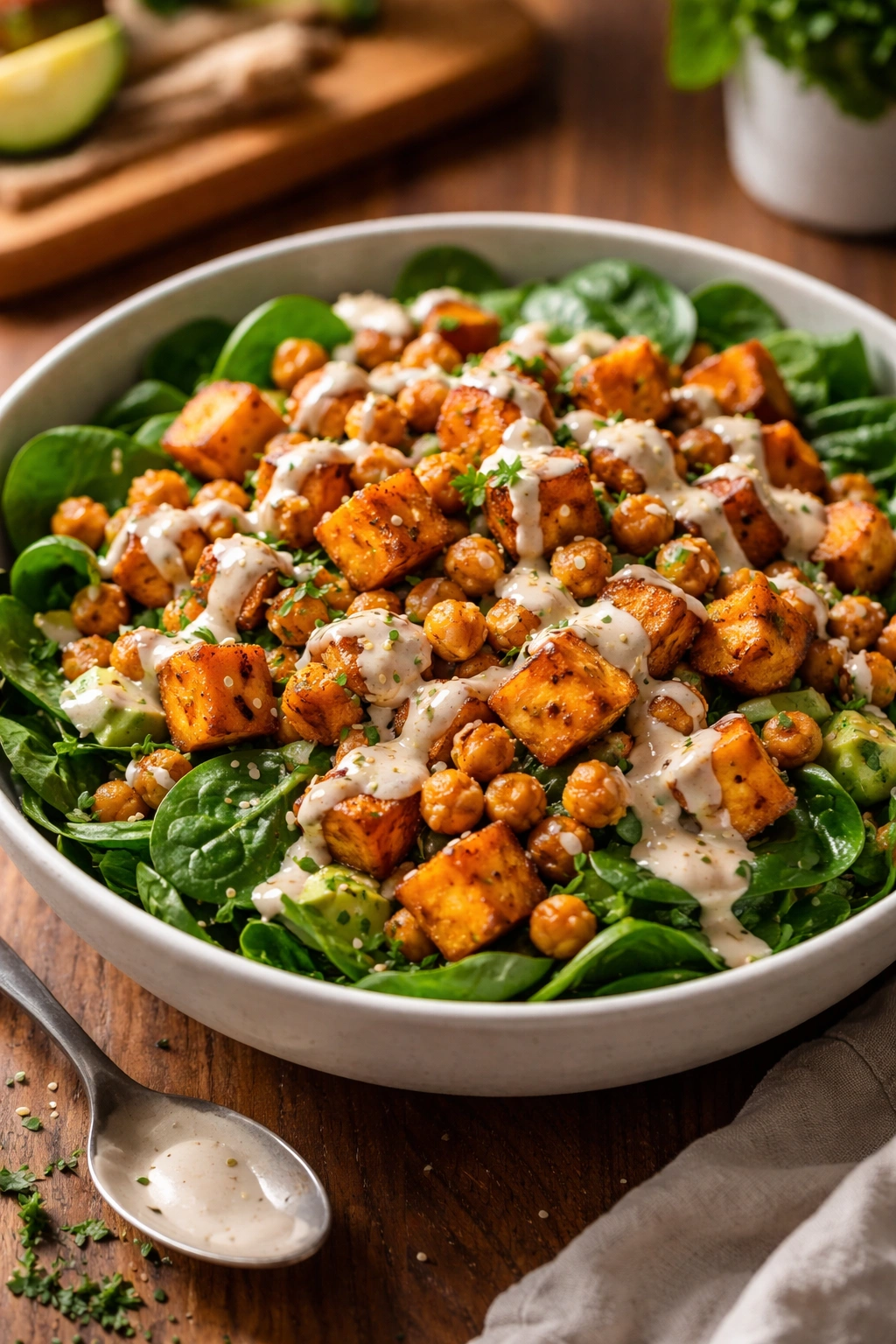 Close-up of roasted sweet potato and chickpea salad with spinach and tahini dressing
