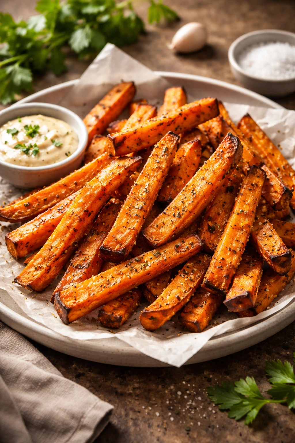 Baked sweet potato fries on plate