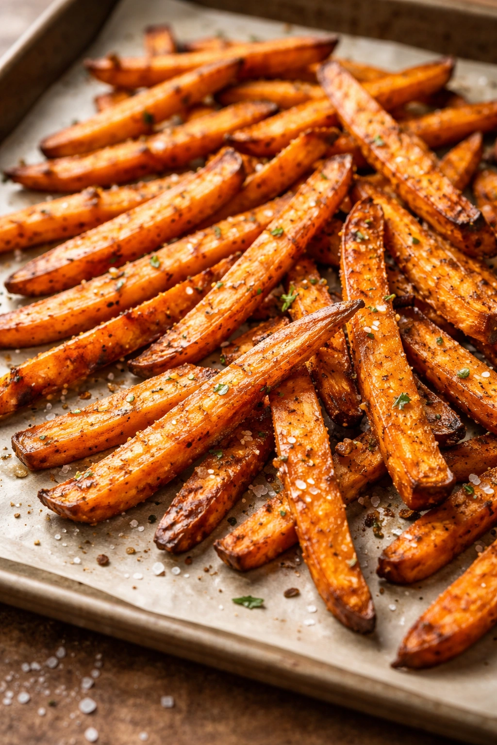 Crispy golden sweet potato fries on a baking sheet