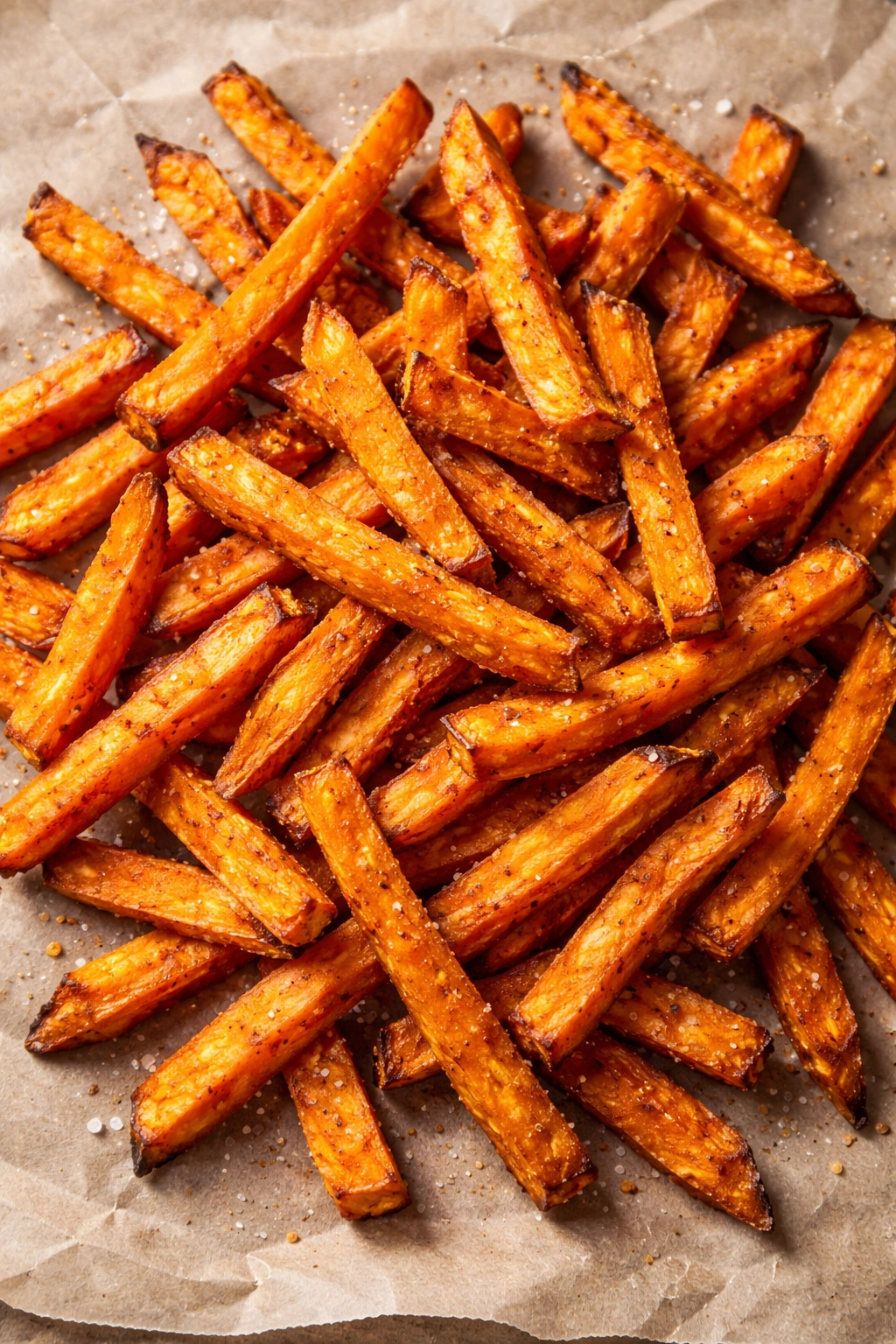 Close-up of crispy sweet potato fries on a neutral surface.