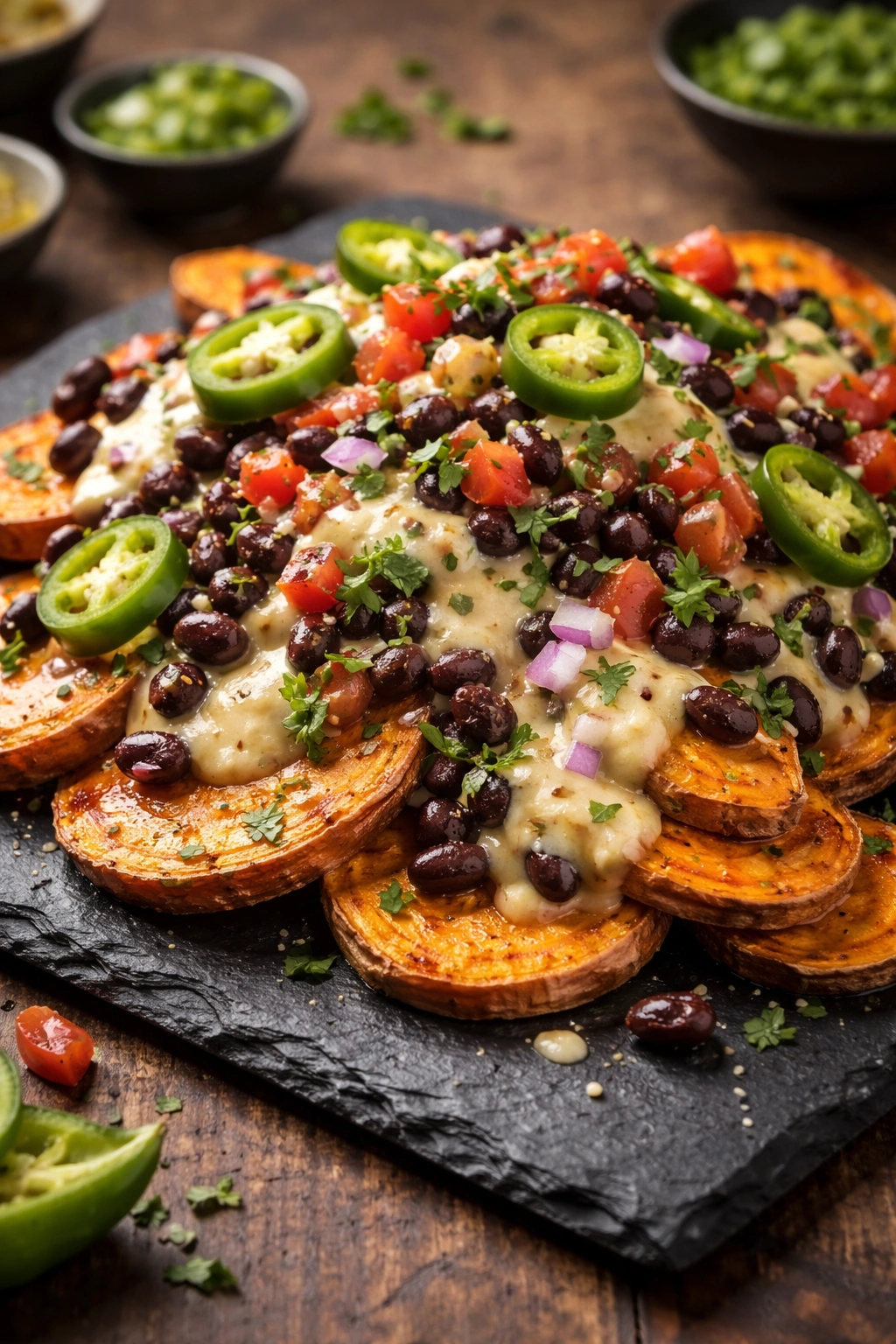 Plate of loaded sweet potato nachos with black beans and queso