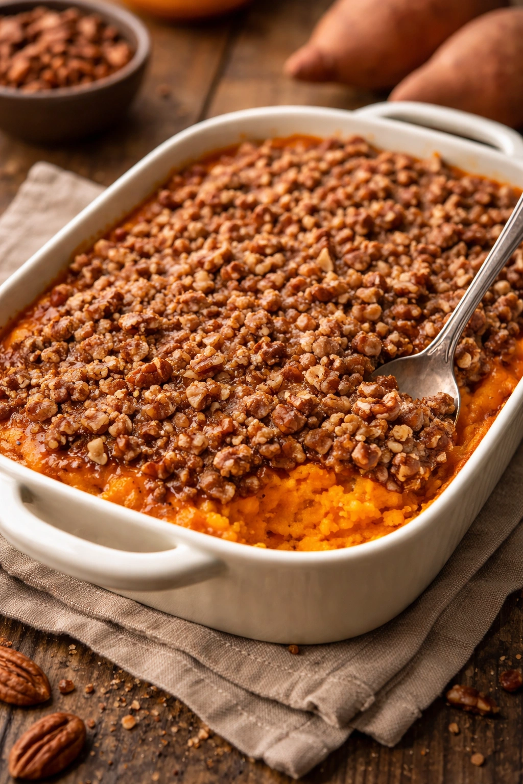 Sweet potato casserole with pecan topping in a baking dish