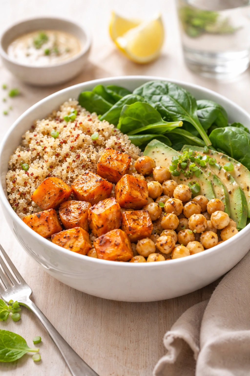 Close-up of a colorful sweet potato quinoa bowl with chickpeas in a white bowl.