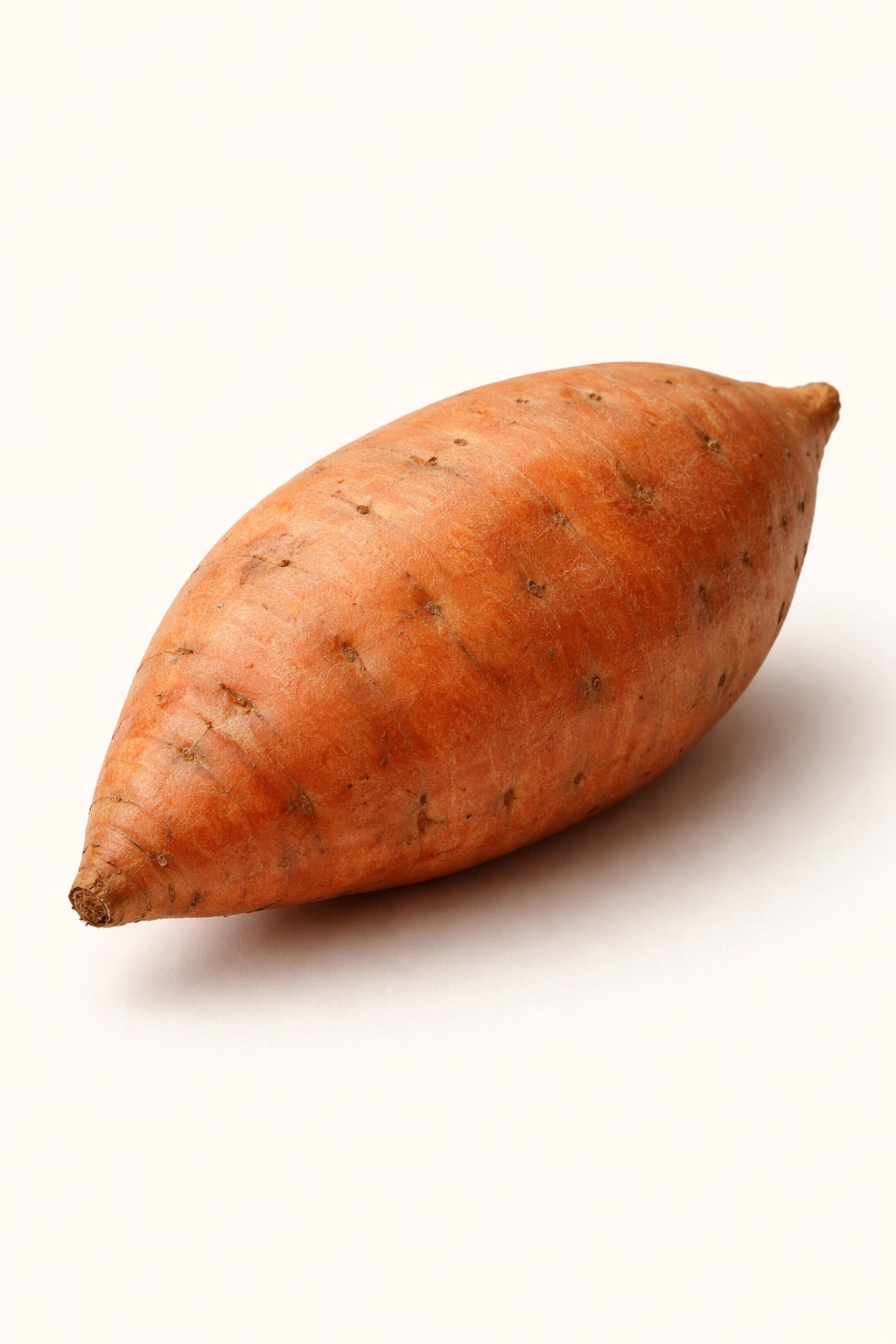 Single orange-fleshed sweet potato on neutral background.