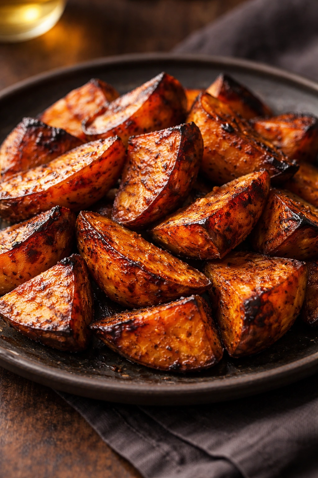 Sweet potato wedges with charred edges on a plate