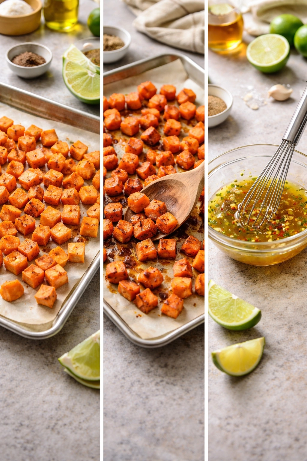 Triptych of sweet potatoes prep, roasting, and dressing in a clean kitchen