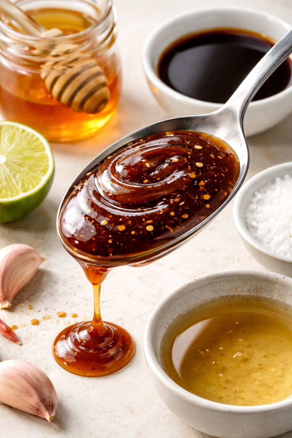 Close-up of glossy sauce on a spoon showing balanced sweet, salty, and umami notes.