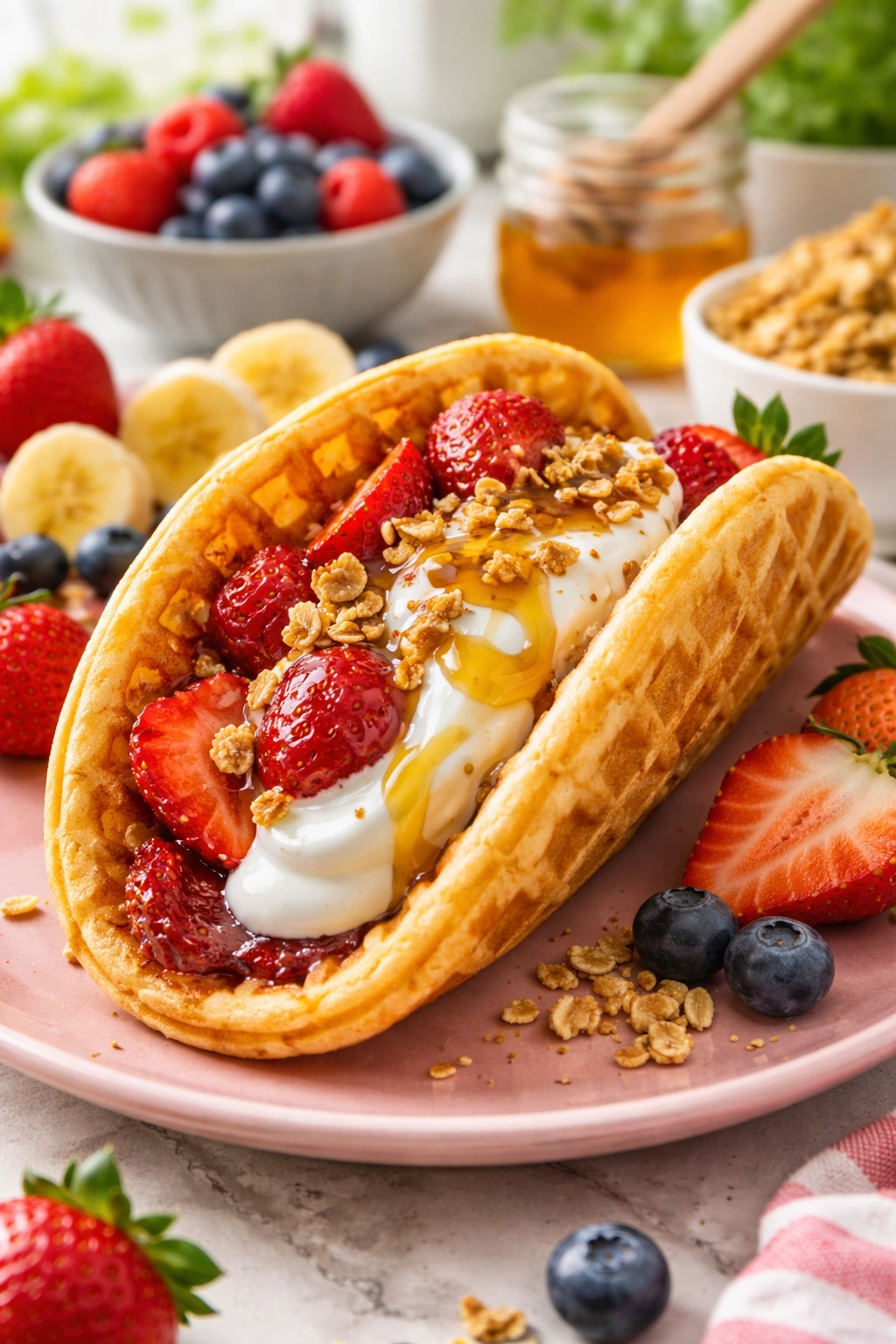 Sweet waffle taco filled with berries yogurt and granola