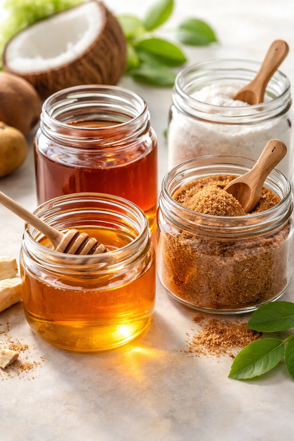 Assorted sweeteners in glass containers on a clean surface