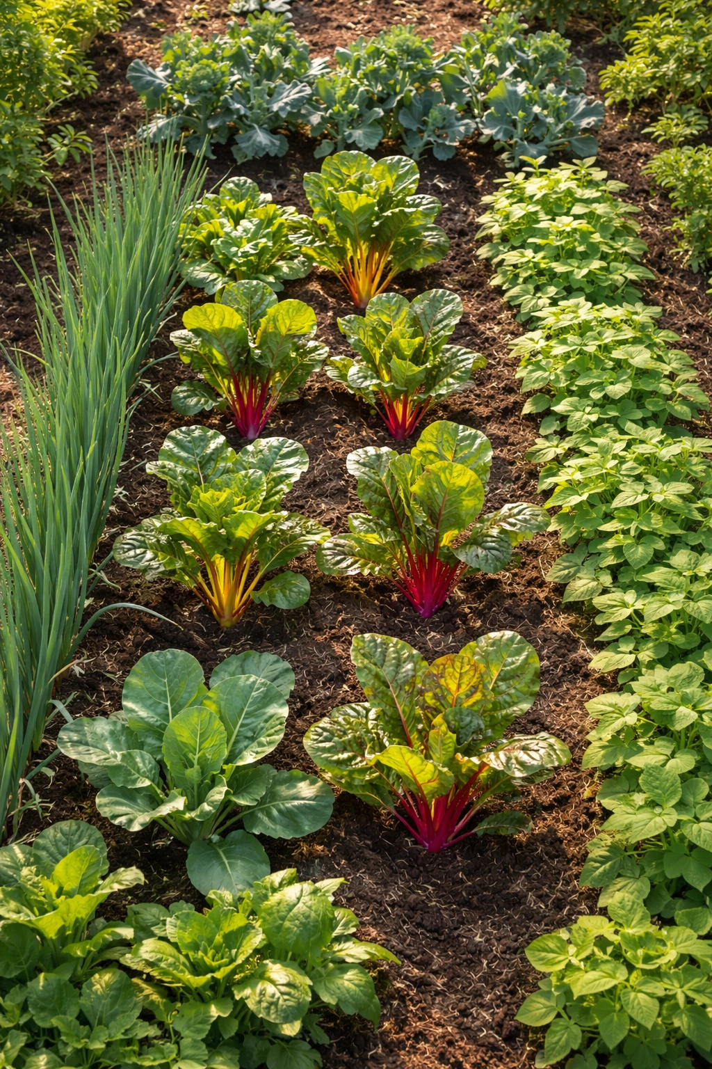 Swiss chard with companion plants spaced for optimal growth in a garden bed