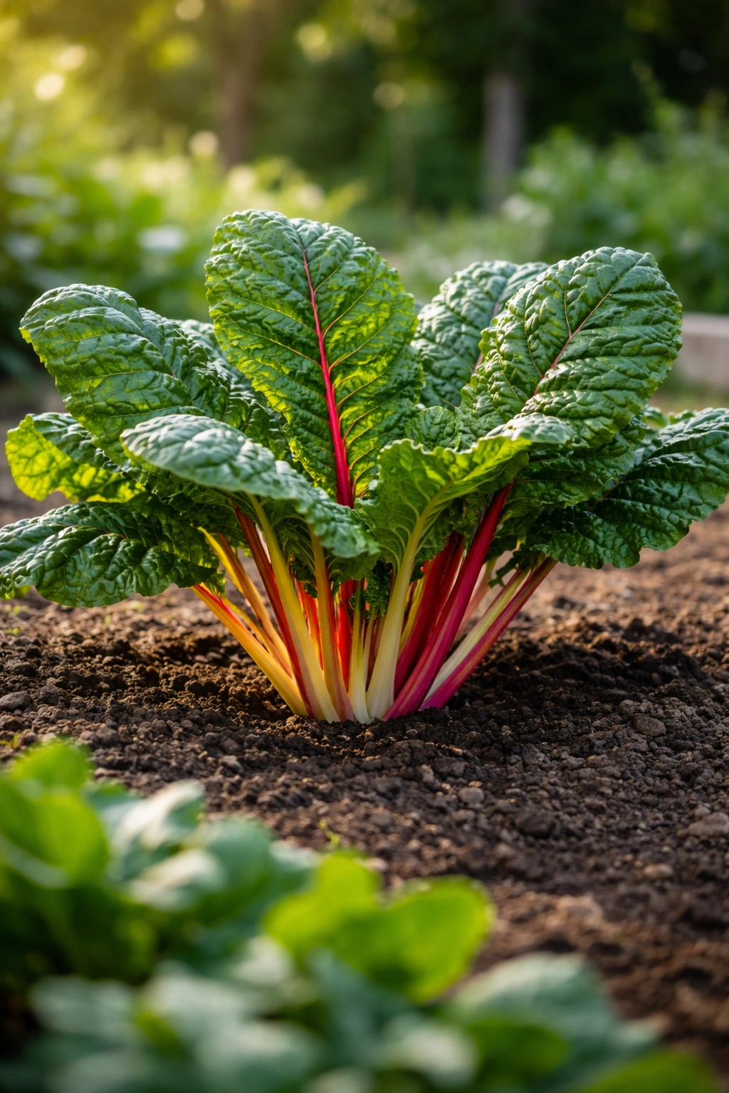 Mature Swiss chard plant with crinkled leaves and thick stems in a garden bed