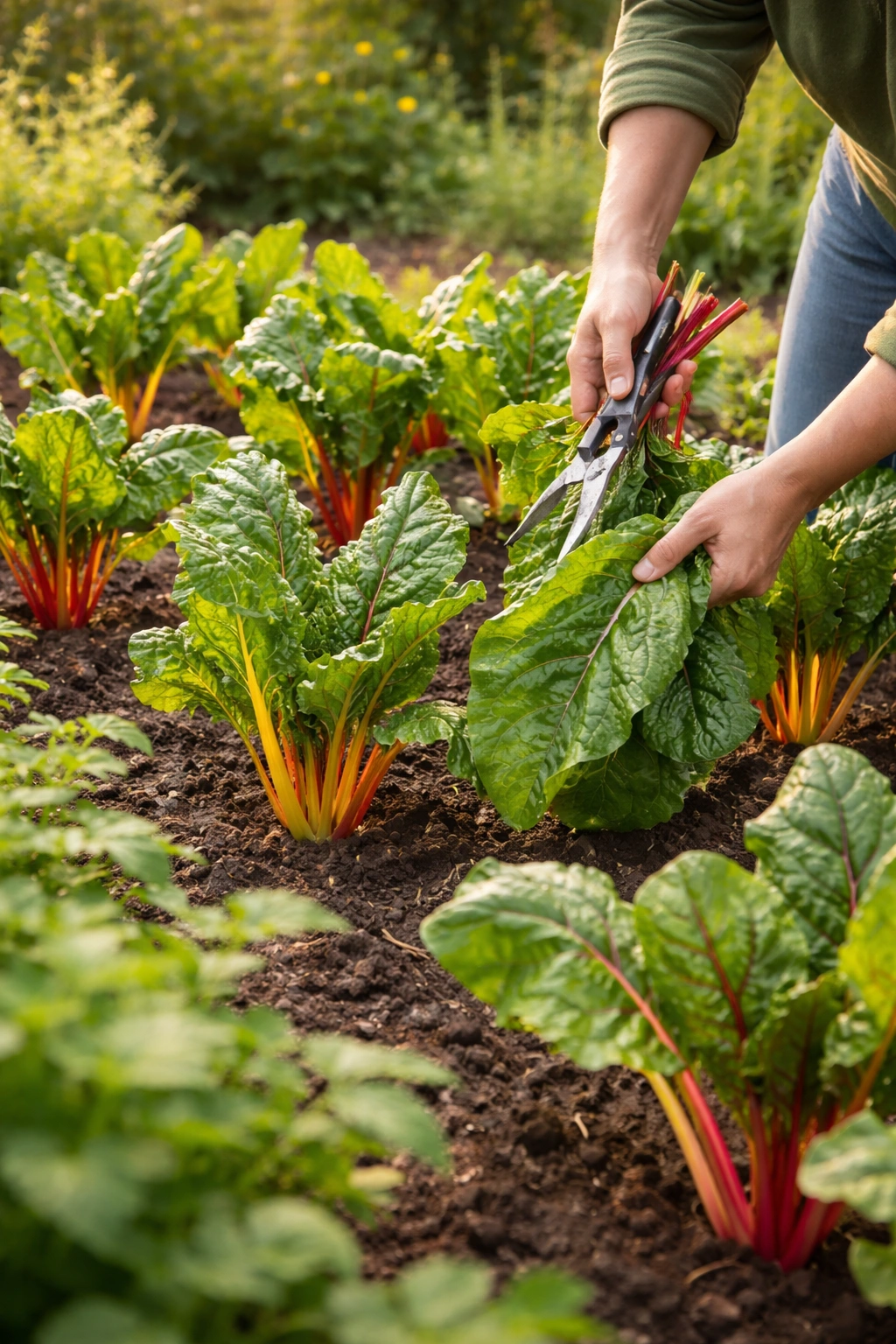 Thriving Swiss chard with 8-12 inch spacing and cut-and-come-again harvest